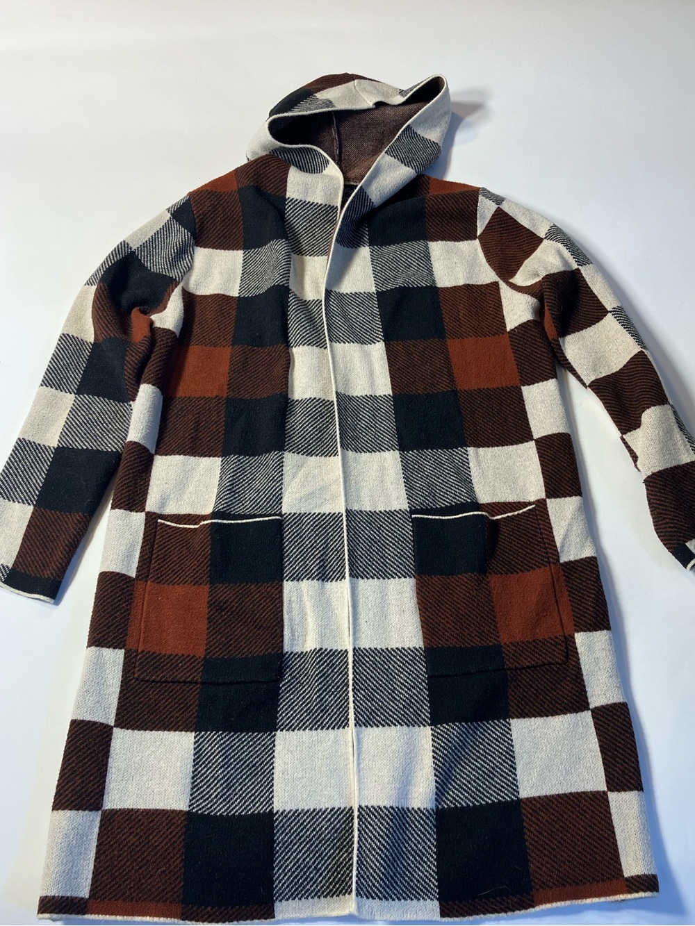 Plaid Hooded Open-Front Cardigan in Cream, Black & Brown